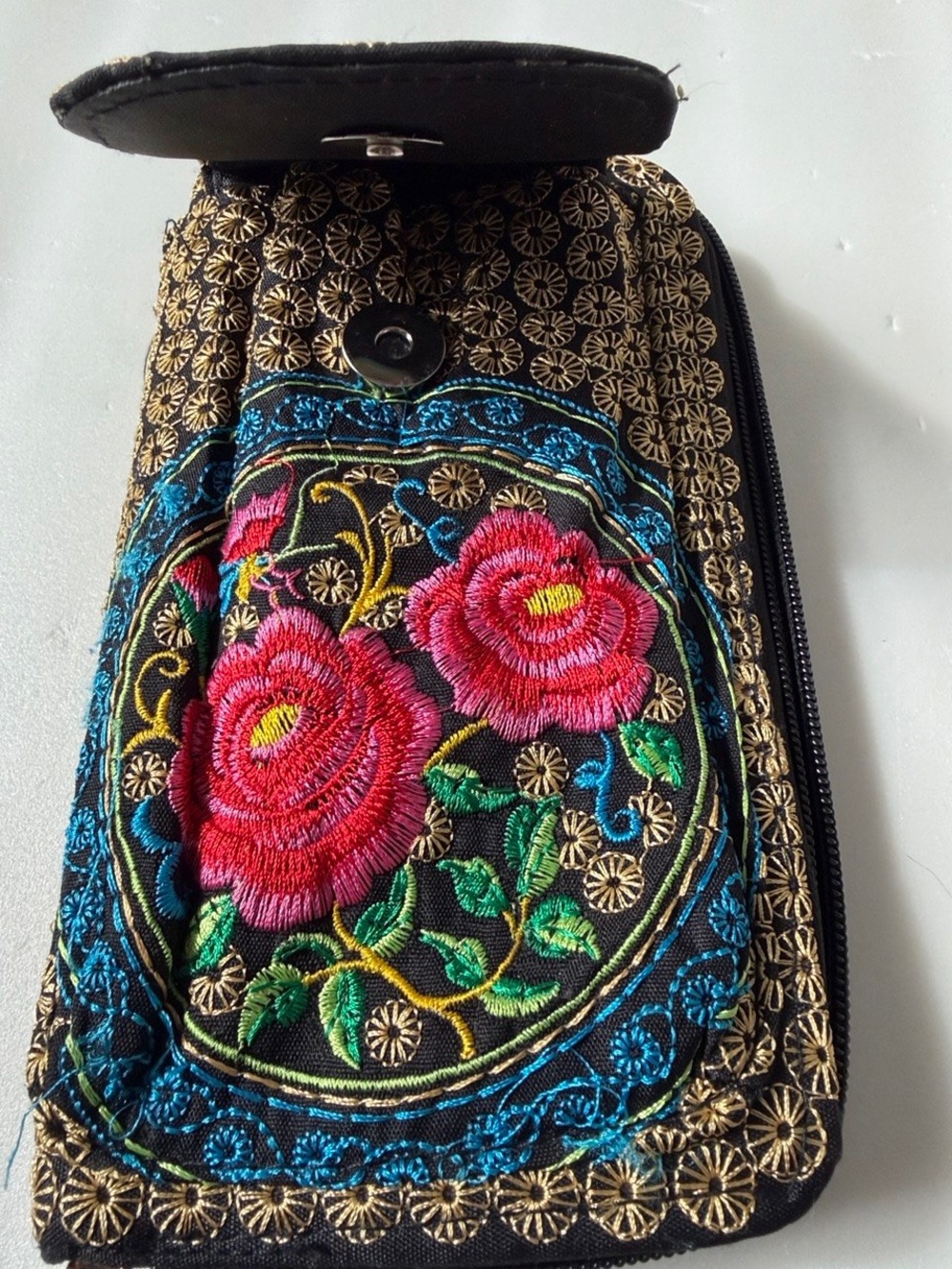 Embroidered Floral Black Crossbody Bag